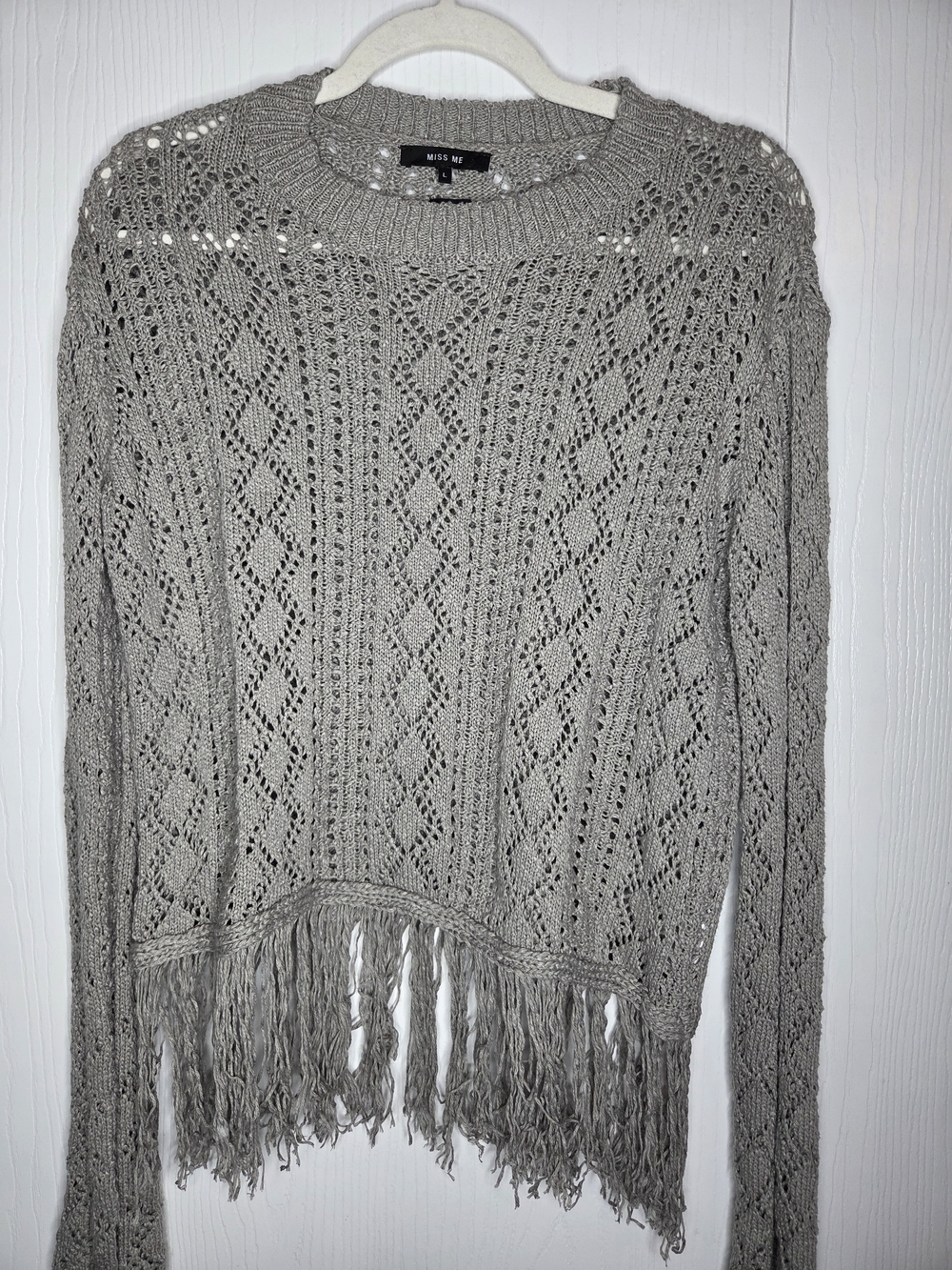 Miss Me Gray Open-Knit Fringe Crewneck Bell Sleeve Sweater Boho Crochet Size L
